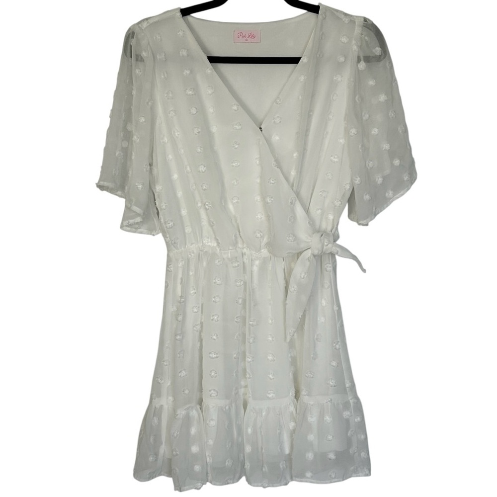 PINK LILY Women’s Chiffon Dress White Swiss Dots Snap/Neck Ruffle Mini Lined S